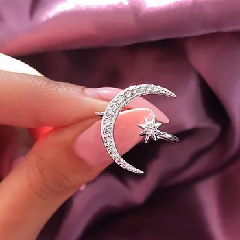 2019 Nové Módne 925 strieborný Prsteň Moon & Hviezdičkový Oslňujúci Otvorené Prst Prsteň Pre Ženy, Dievčatá Šperky Čisté Svadobné Zásnubný Dar