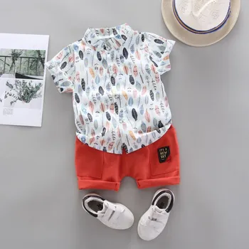 Letné Baby Chlapci Oblečenie Sady 2 ks Krátke Rukáv Pierko Vzor T-tričko, Blúzka+Šortky Tlačiť Bežné Deti Oblečenie Set