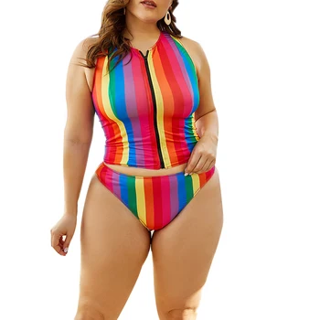 5XL Bikini Set Ženy, Plavky bez Rukávov Zips Rainbow Prúžok Top Dna Dámske plavky Nastaviť Plus Veľkosť Dámy Plávať Nosenie