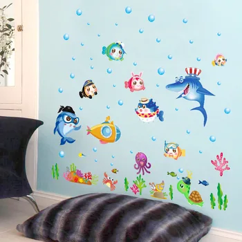Modré Morské Ryby Bublina Nálepky na Stenu Cartoon Pre Deti Izby, Kúpeľňa Domáce Dekorácie nástenné maľby