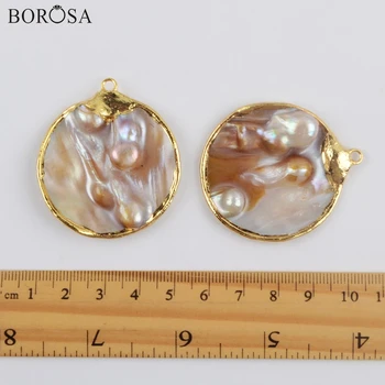 BOROSA perleť Šperky 10Pcs Pozlátený, Trim Kolo Prírodné Sea Pearl Shell Prívesok na Náhrdelník Šperky G1901