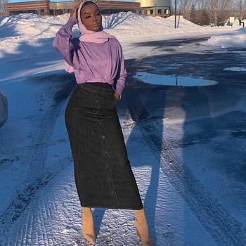 Moslimské Vysoký Pás Tlačidlo Denim Sukne Dlhé Islamskej Sukne Ženy Spodnej Džínsy Jupe Musulmane Femme Abaya Turecko Arabčina Sukne