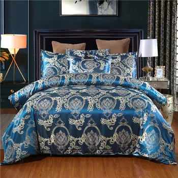Luxusná posteľná bielizeň Sady Modré Saténové, Hodvábne Žakárové Posteľ Nastaviť Jednu Kráľovnú, Kráľa Perinu s obliečka na Vankúš Jeden posteľná bielizeň Nastaviť Luxus