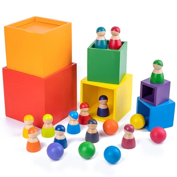 Dieťa Montessori hračka Rainbow Stacker Vzdelávacie Drevené Puzzle Tvar stohovanie Rodiny hry, Drevené hračky pre Deti Funning Hra