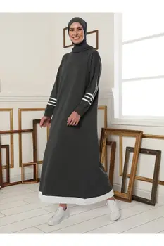 Dámske Dlhý Rukáv Šaty šedá biela linka detail Vzor Bavlna Hidžáb Moslimských Módne Zimné v Lete Turecko, Dubaj Bežné Nosenie 2021