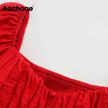 Aachoae Dlho Split Sexy Červené Šaty Žien Lístkového Krátky Rukáv Party Šaty V Krku Riadok Sladké Midi Šaty S Tlačidlami Župan Femme