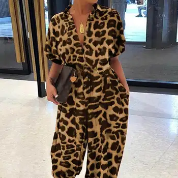 Hot Predaj Leopard Vytlačené Ženy Kombinézach S---5XL Vysoká Kvalita Krátke Rukávy Voľné Oblečenie Krídla Štíhly Pás Rovno Remienky