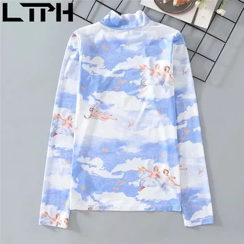 LTPH vintage turtleneck motýľ tlače klesnutie tričko dlhý rukáv úsek tenké slim T-shirts ženy topy 2021 jar jeseň nové
