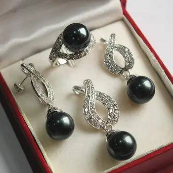 Horúce! pekné, nové šperky strieborné pozlátené + 12 mm čierna shell perlou prívesok, náušnice, , prsteň