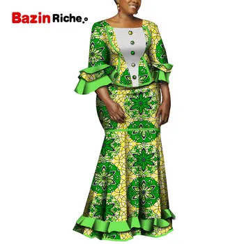 Africké Vytlačené Sukne Oblek pre Ženy Strany WeddingTraditional Oblečenie Top Blúzky,+Dlhú Ceruzku Sukne 2 ks Oblečenia Sady WY5240