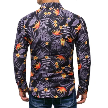 Nové Plus-size Fialové Lupene Tričko pre Mužov s Voľnými Dlhý Rukáv Klope Beach Štýl