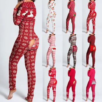 Sexy Ženy, Vianočné Výrez Funkčné Buttoned Klapka Dospelých Pyžamo Klub Tlačidlo Dizajn Ponoriť Salónik Jumpsuit