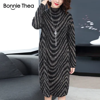 Bonnie Thea ženy zimné Turtleneck Sveter ženské šaty Elegantné čierne pletenie party šaty vestido pani jeseň šaty 2018