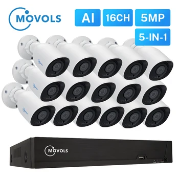 MOVOLS 5MP H. 265+ Bezpečnostný KAMEROVÝ Systém 16CH XVR Krytý Vonkajší 16PCS 5MP Nepremokavé HD CCTV Kamery P2P Systém Dohľadu nad Nastaviť