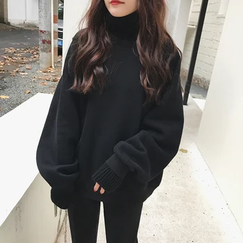 Vlna, šitie vysoký golier falošné dva-kus plus velvet zahusťovanie s kapucňou sveter žena zimné kórejských študentov voľné veľké veľkosť