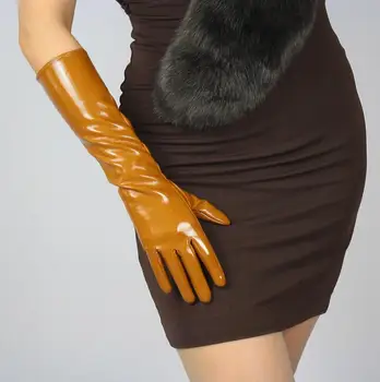 Dámskej módy sexy štíhla faux pu kožené rukavice lady klub výkon formálnej strany lakovanej kože dlhé rukavice 40 cm R603