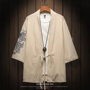 M-5XL Japonský Streetwear Kimono Tričko Mužov Čínsky Drak Embroiderd 3/4 Rukáv Collarless Košele Bavlna Office Nosenie XXXXXL