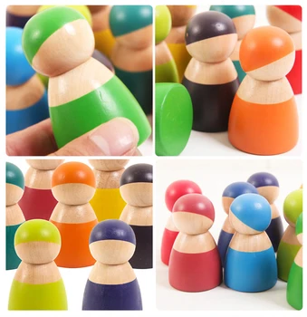 Montessori Súbor 12 Rainbow Priateľmi Peg Bábiky Drevené Predstierať, Že Hrať Údaje Ľudia Environmentálne Bezpečnostné Farby Detské Drevené Hračky