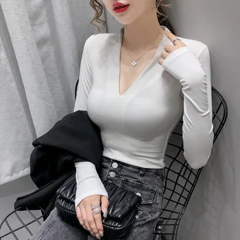 Jeseň V Krku Čierne Tričká Ženy 2020 Módne Dlhý Rukáv Zimné Základné Dámy Topy Sexy kórejské Oblečenie Bežné Šedé Tričko XXL