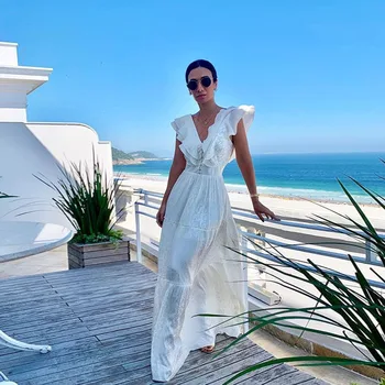 Uguest Vintage Sexy Ženy, Biele Čipky Šaty Plus Veľkosť-line tvaru Patchwork Ríše Dovolenku Voľné Strany Letné Dlhé Šaty