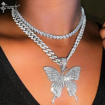 Luxusné Drahokamu Strieborná Farba Kubánskej Odkaz Choker pre Ženy Crystal Prívesok Motýľ Náhrdelník Šperky Darček Hip Hop Ľadový Strany