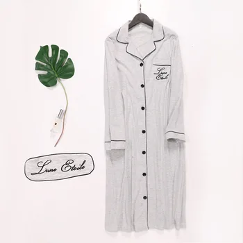 Kórejský Nightdress Ženy Jar Jeseň Bavlna Dlhé Rukávy Vyšívané Bielizeň Voľné Cardigan Tlačidlo Tričko Sleepwear Пижама