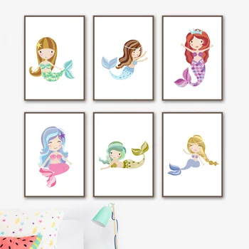 Roztomilá Morská Víla Princezná Škôlky Wall Art Print Plátno Na Maľovanie Nordic Plagáty A Vytlačí Na Stenu Obrázky Dieťa Dievča, Detská Izba Decor