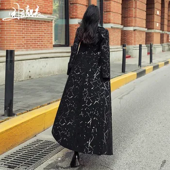 Black vlnené kabát jeseň / zima 2020 pás uzávierky temperament sequined vlnené dlhá srsť ženy nad koleno dĺžke 5032