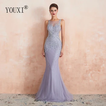 YOUXI Luxusné Korálkové Crystal Večerné Šaty 2020 Sexy Úplnej Krku Lavender Morská víla Formálne Prom Šaty pre Ženy bez Rukávov