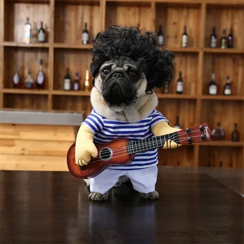 Kučeravé Parochňu & Blue-Pruhované tričko s Gitarou Pre Vášho Psa, Pes Kostým
