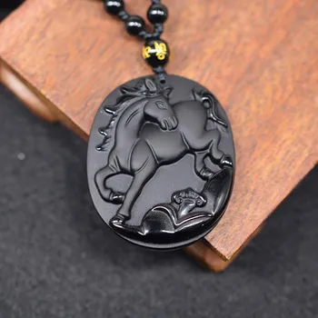 Čierny Obsidián Zvierat Kôň Náhrdelník Prívesok Jade Prívesok Šťastie, Amulet Šperky Jade Šperky