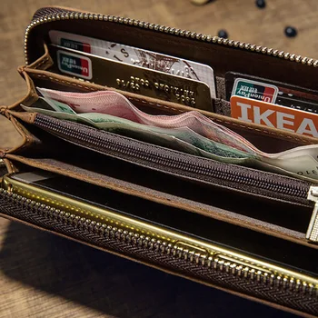 AETOO Cowhide dlhý zips, peňaženky, jednoduché mládež kožené peňaženky, pánske retro bežné mobilný telefón taška.