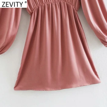 Zevity 2021 Ženy Elegantné O Krk Farbou Elastický Pás Satin Mini Šaty Elegantné Ženy Záhybov Lístkového Rukáv Bežné Vestido DS5002