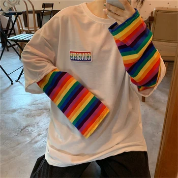 Móda Falošné Dva Kusy Rainbow Pruhované tričko jeseň Patchwork Tričko Dlhý Rukáv Bežné nadrozmerné T-shirts O-krku Ženy Tees