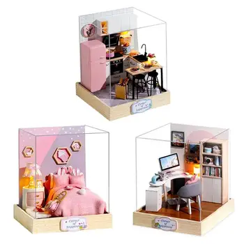 Cartoon DIY Miniatúrny domček pre bábiky Drevený Nábytok Auta Doll House Modelu Deti Dievča Montessori HOBBY Hračky pre Deti Vianočné Darčeky
