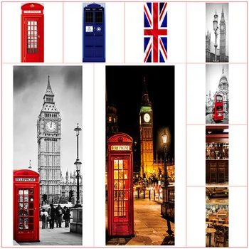 Londýn štýl dverí nálepky Big Ben červený Autobus 3d wall art vinyl nástenná maľba domáce dekorácie mesto, výhľad na ulicu tapety 77*200 cm 12 štýly