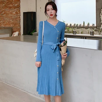 Zimné Bežné Pevné Ríše-Line Ženy Šaty Vintage Kórejský Tlačidlo Tvaru Dlhý Rukáv Šaty Sladké Vysoký Pás Polovici Teľa Šaty