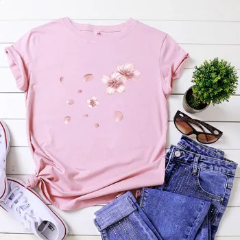2020 Módne Cherry Blossom T Shirt Ženy Krátky Rukáv Tshirts Bavlna Ženy O-krku Voľné Tee Tričko Femme Black Camisetas Mujer