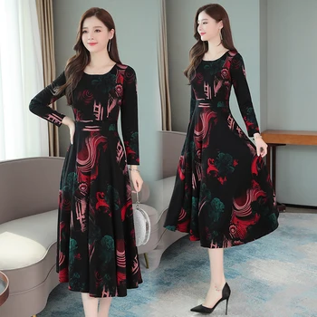 4XL Plus Veľkosť Vintage Zahustiť Zrastov Bavlna Zimné Dlhý Rukáv Šaty 2020 Jeseň Bežné Červené Šaty Elegantné Ženy Strany Maxi Vestido
