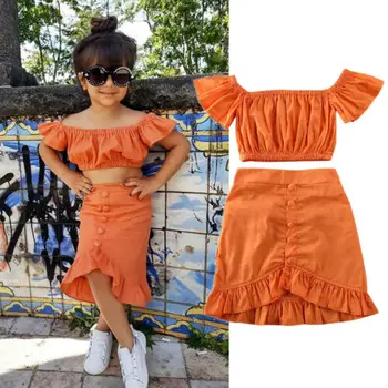 1-6Y 2 KS Batoľa Detský Baby Dievčatá Oblečenie Sady Orange Mimo Ramenný Topy Plodín Prehrabať-Line Sukne Oblečenie