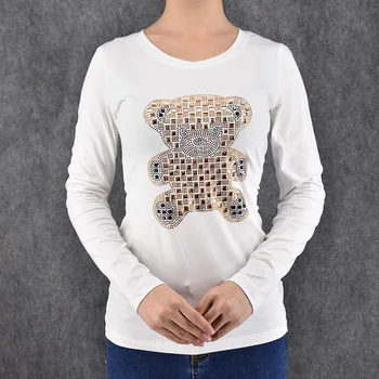 2016 Jar Jeseň Long Sleeve tee Krásne Kreslené Medveď Crystal Design Bežné tričko ženy tričko femme camiseta feminina
