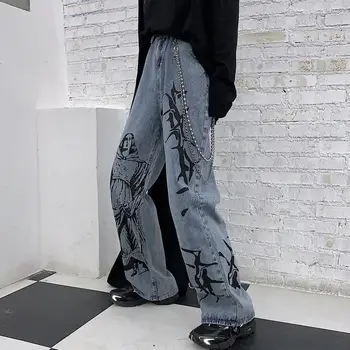 Tlač Gotický Hip Hop Voľné Rovno Širokú Nohu, Džínsy Ženy Vrecká Vintage Kórejský Štýl Harajuku Vysoký Pás Denim Streetwear