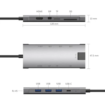 USB C HUB 8 v 1 Hliníkový Typ adaptér kompatibilný s HDMI minidp usb3.0 SD/TF CardReader RJ45 TYP C pre Nabíjanie usb c Hub