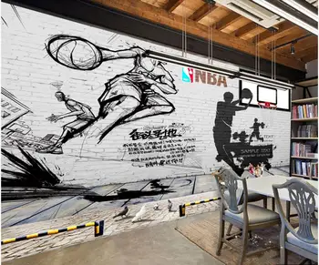 Vlastné fotografie, 3d tapety Basketbal doodle star tehlovej steny tieň domova obývacia izba 3d nástenné maľby, tapety na steny, 3 d