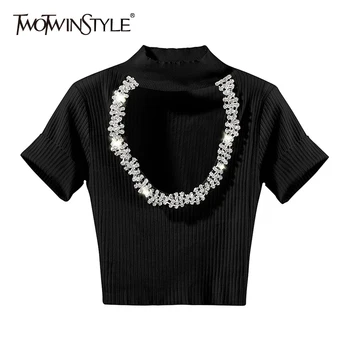 TWOTWINSTYLE Pletené Patchwork Diamond Tričko Pre Ženy Turtleneck Krátky Rukáv Slim T Košele, Ženské 2020 Nové Módne Oblečenie