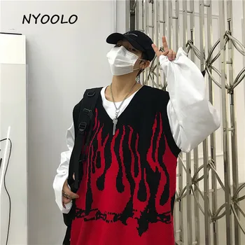NYOOLO Jeseň zima Streetwear Plameň tvaru bez Rukávov Voľné pletený Sveter vesta ženy muži Harajuku patchwork Topy, pulóvre