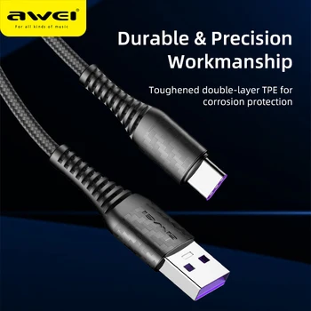 AWEI 5A Rýchle Nabíjanie Kábel 40W USB Typu C Trvanlivý Výplet Dátové Káble pre Huawei Telefón CL-69