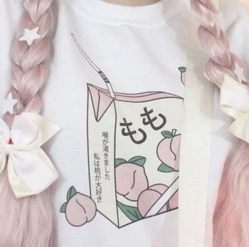 Hahayule Broskyňovú Šťavu Japanses Estetické Grunge T-Shirt Ženy, Dievčatá 90. rokov Kawaii White Tee Lete Bežné Tumblr Oblečenie