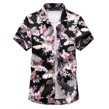 Plus Veľkosť 7XL 2019 Letné kvetinové vytlačené Mužov Hawaiian dovolenka Strana Slim black košele Hip hop samec Krátky rukáv bežné tričko