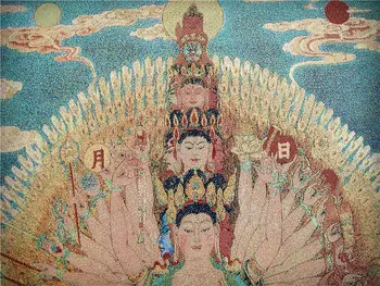 Čína Tibetskej Hodváb Inwrought Thangka Tangka nástenná maľba Tisíc Strane Guan Yin Kwan-yin Sochu Budhu